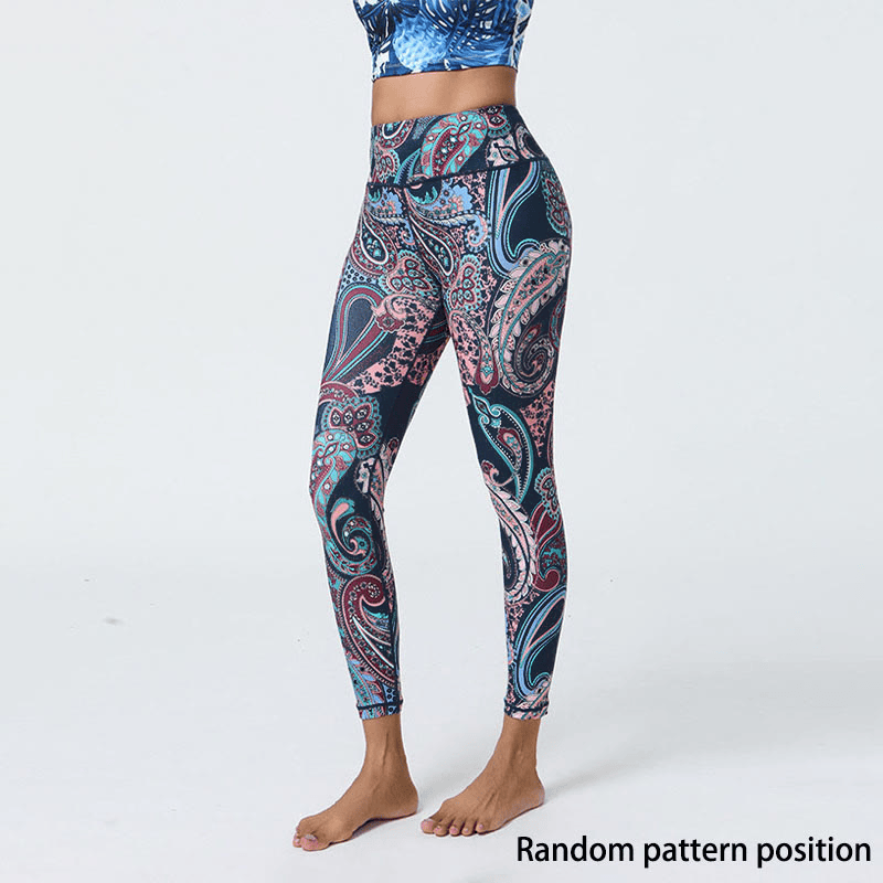 Leggings de cintura alta para mujer con estampado de Buddha Stones, flores, plumas, sol y luna, ideales para deportes, fitness y yoga. - Plumas azul oscuro - US12，UK/AU16，EU44 (XL) - image 1