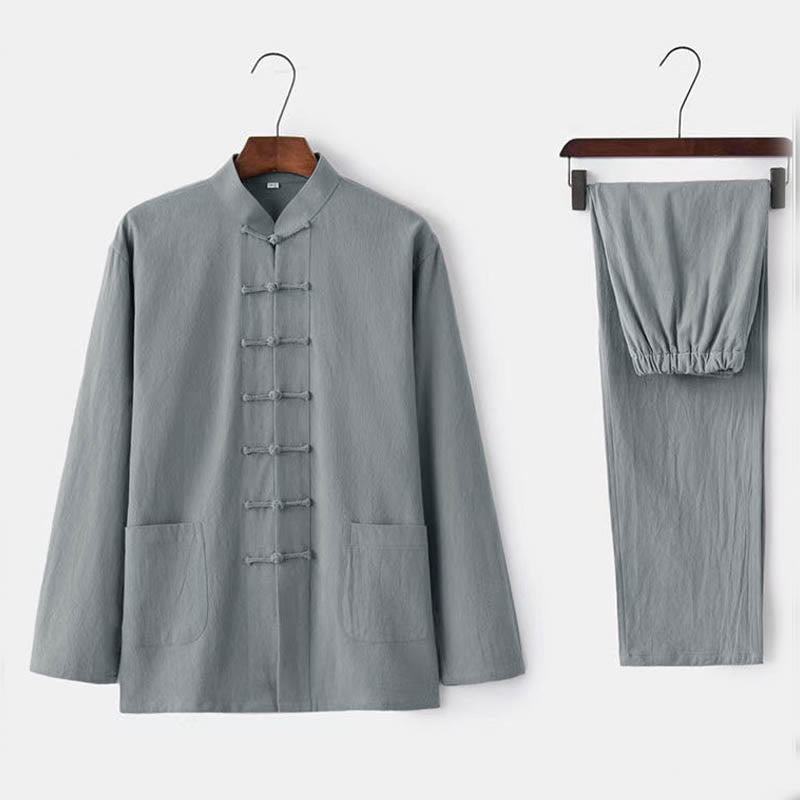 Conjunto de 2 Buddha Stones de traje tradicional Tang con botones de rana, camisa de manga larga y pantalón para hombre. - Gainsboro - US/UK/AU44, UE 54 (5XL) - image 2