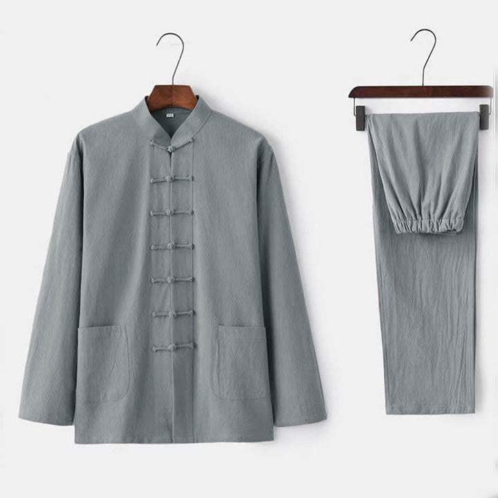 Conjunto de 2 Buddha Stones de traje tradicional Tang con botones de rana, camisa de manga larga y pantalón para hombre. - Gainsboro - US/UK/AU44, UE 54 (5XL) - image 2