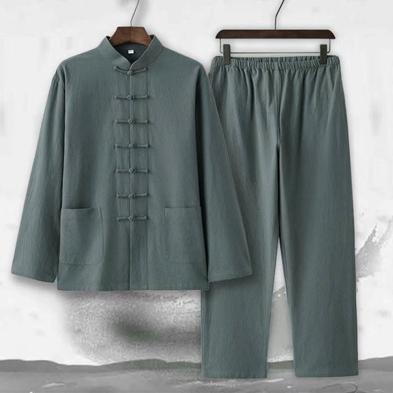 Conjunto de 2 Buddha Stones de traje tradicional Tang con botones de rana, camisa de manga larga y pantalón para hombre. - image 5