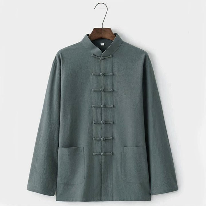Conjunto de 2 Buddha Stones de traje tradicional Tang con botones de rana, camisa de manga larga y pantalón para hombre. - image 6