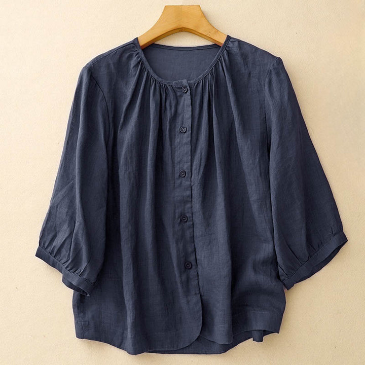 Camisa de mujer con cuello redondo, botones y manga tres cuartos, diseño de Buddha Stones - Marina de guerra - US12, UK/AU16, EU44 (2XL) - image 0