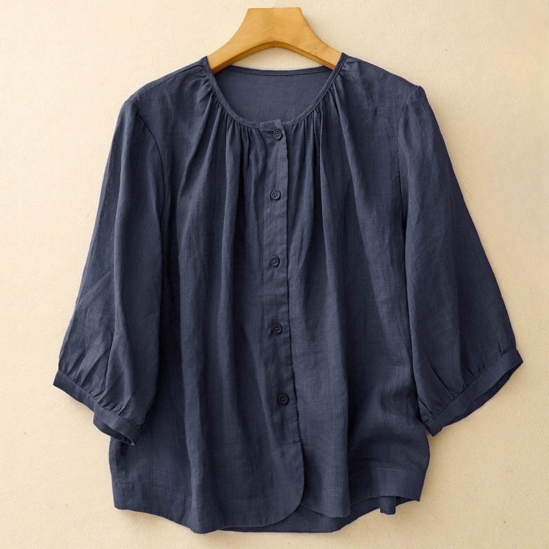 Camisa de manga tres cuartos para mujer con diseño de cuello redondo y botones lisos con estampado de Buddha Stones. - Marina de guerra - US12, UK/AU16, EU44 (2XL) - image 0