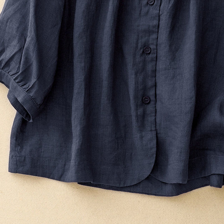Camisa de manga tres cuartos para mujer con diseño de cuello redondo y botones lisos con estampado de Buddha Stones. - image 2
