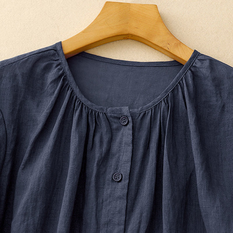 Camisa de mujer con cuello redondo, botones y manga tres cuartos, diseño de Buddha Stones - image 1