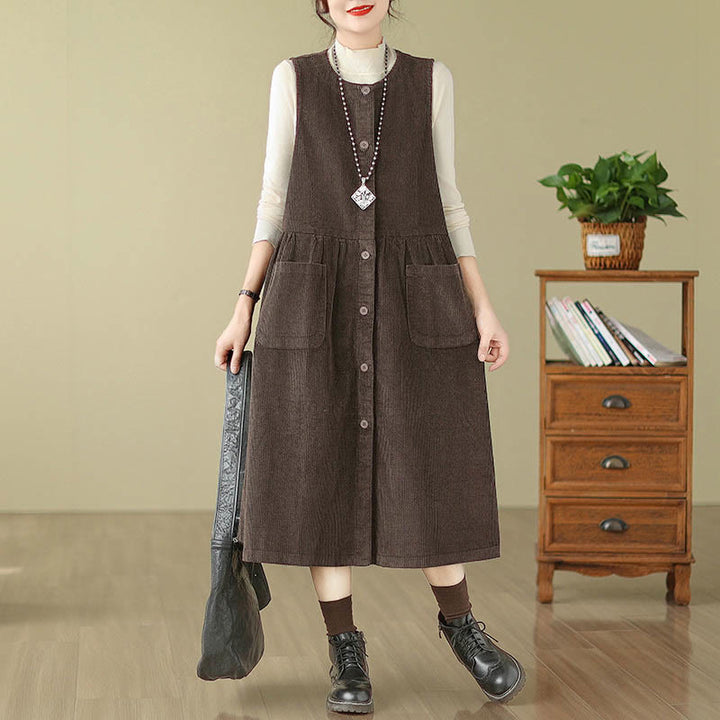 Vestido midi de pana sin mangas con diseño retro de botones y bolsillos de Buddha Stones Fall - SaddleBrown - US12, UK/AU16, EU44 (3XL) - image 0