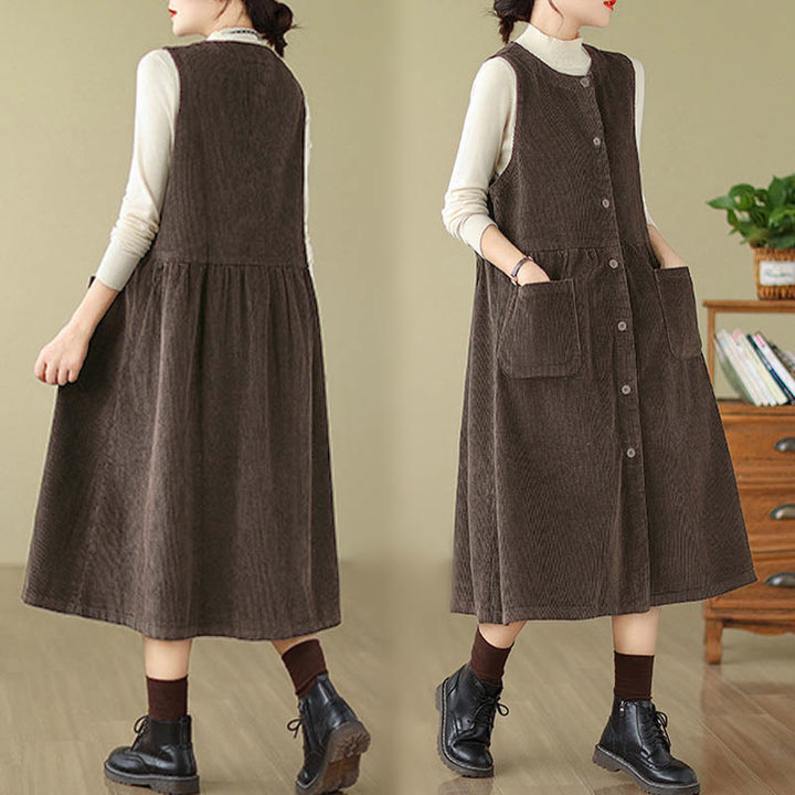 Vestido midi de pana sin mangas con diseño retro de botones y bolsillos de Buddha Stones Fall - image 3