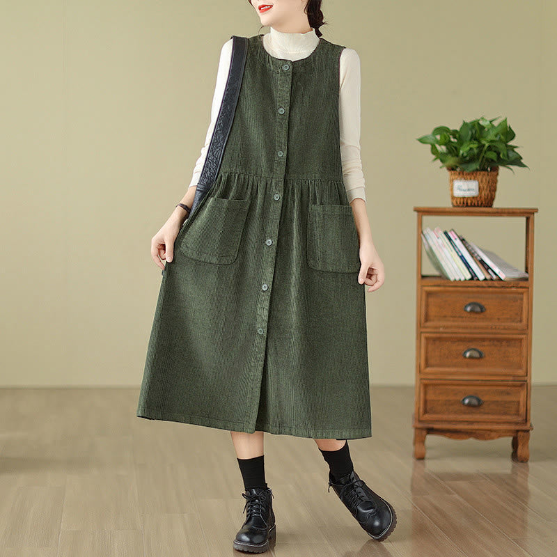 Vestido midi de pana sin mangas con diseño retro de botones y bolsillos de Buddha Stones Fall - Verde oscuro - US12, UK/AU16, EU44 (3XL) - image 5