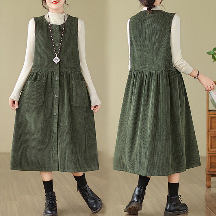Vestido midi de pana sin mangas con diseño retro de botones y bolsillos de Buddha Stones Fall - image 9