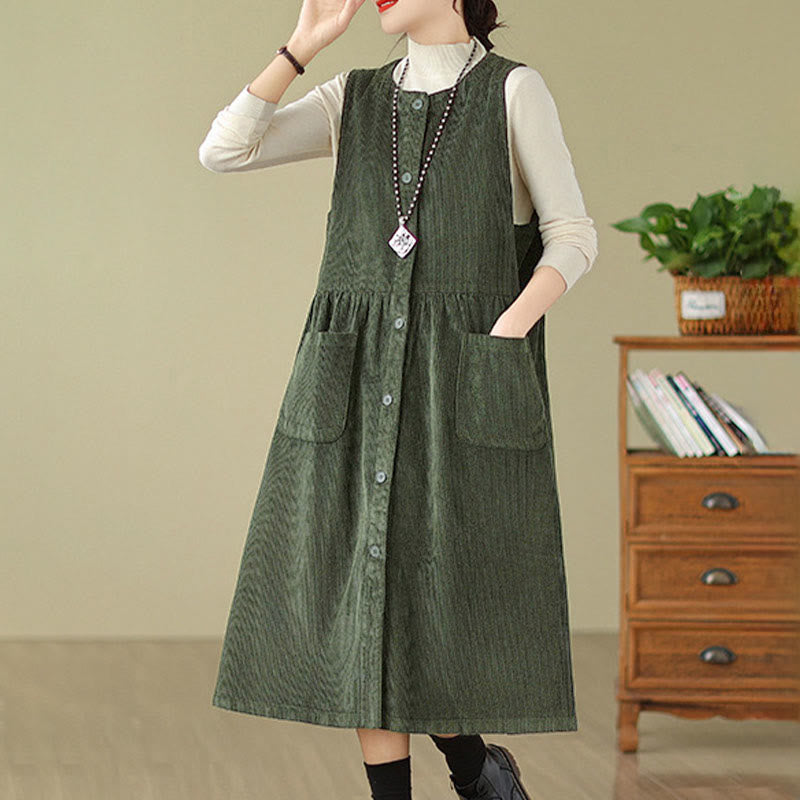Vestido midi de pana sin mangas con diseño retro de botones y bolsillos de Buddha Stones Fall - image 7