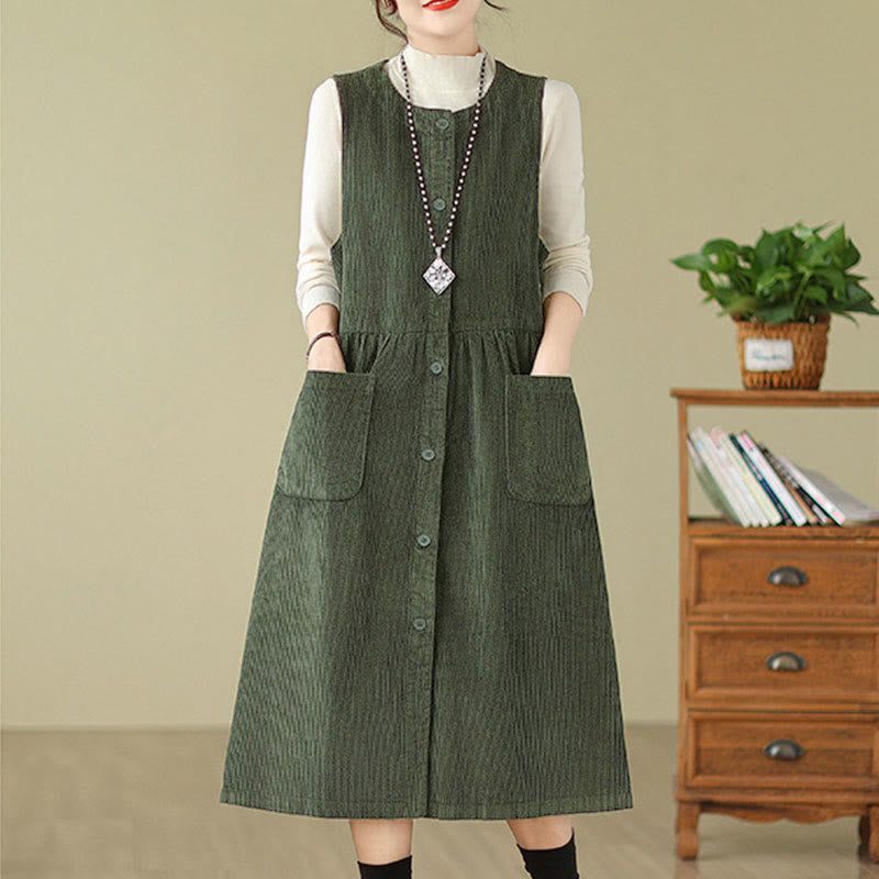 Vestido midi de pana sin mangas con diseño retro de botones y bolsillos de Buddha Stones Fall - image 8