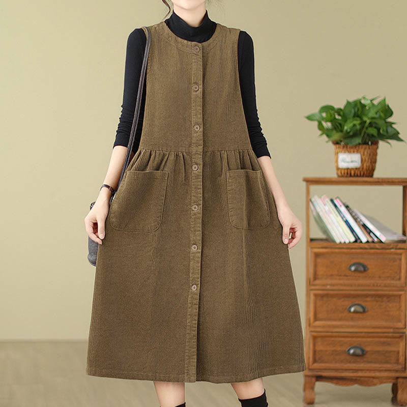Vestido midi de pana sin mangas con diseño retro de botones y bolsillos de Buddha Stones Fall - image 15