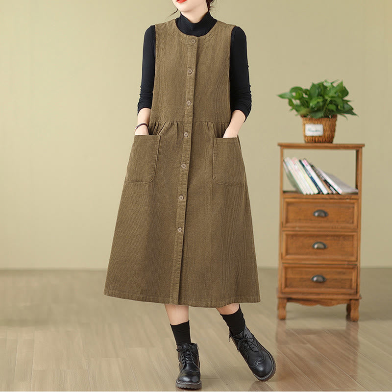 Vestido midi de pana sin mangas con diseño retro de botones y bolsillos de Buddha Stones Fall - image 14