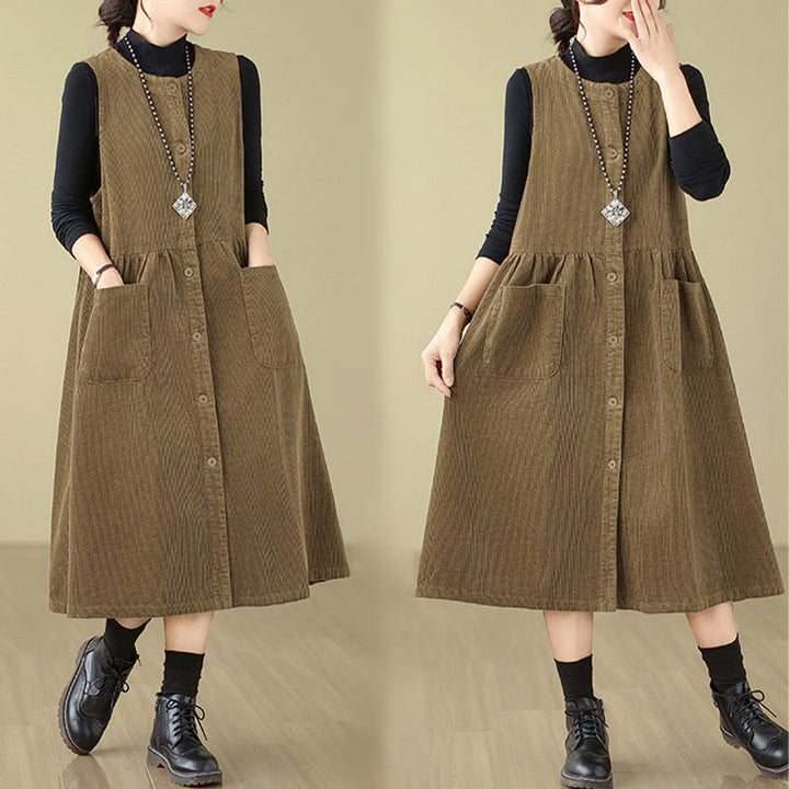 Vestido midi de pana sin mangas con diseño retro de botones y bolsillos de Buddha Stones Fall - image 16