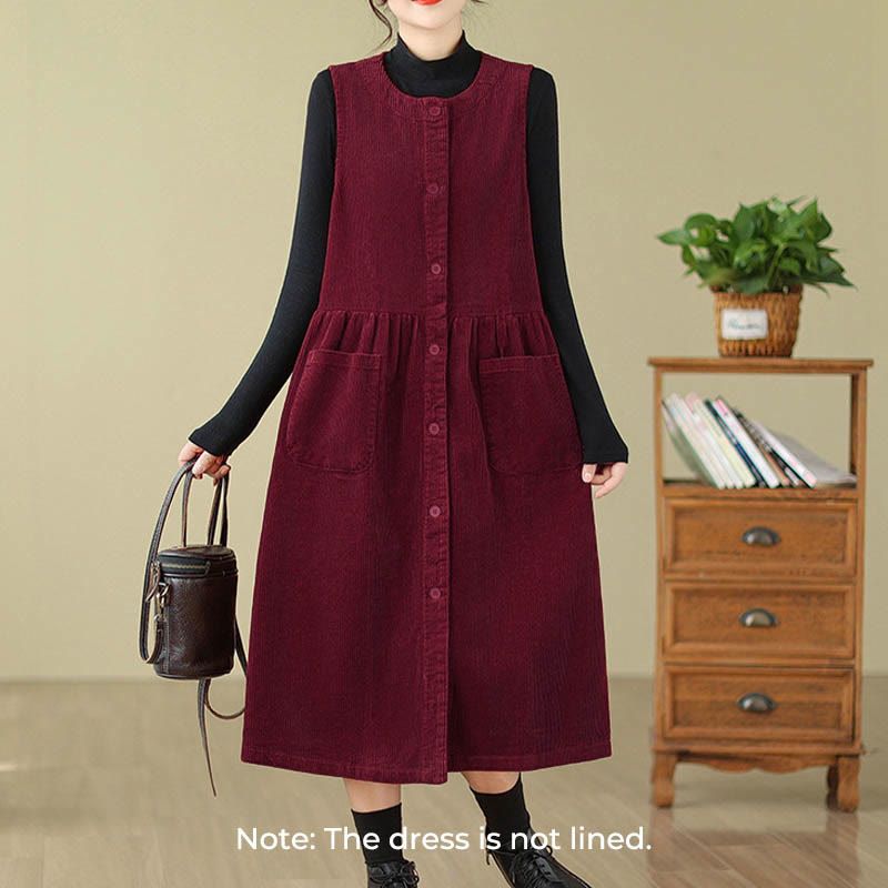 Vestido midi de pana sin mangas con diseño retro de botones y bolsillos de Buddha Stones Fall - image 20