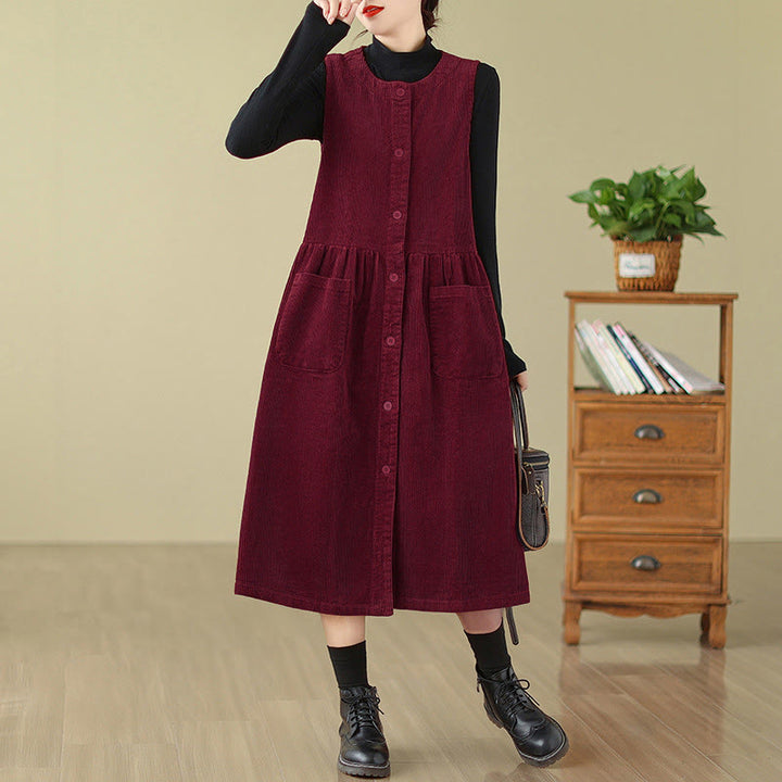 Vestido midi de pana sin mangas con diseño retro de botones y bolsillos de Buddha Stones Fall - Carmesí - US12, UK/AU16, EU44 (3XL) - image 19