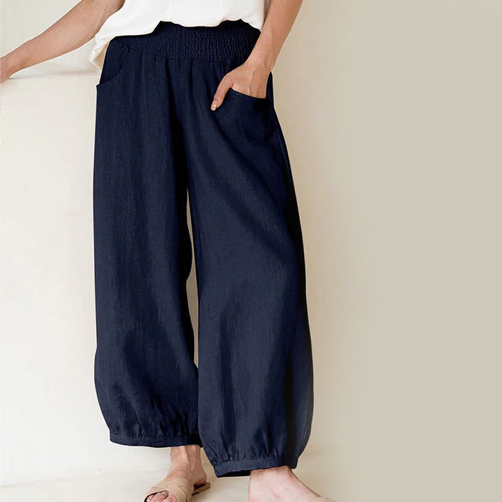 Pantalones harén para mujer con bolsillos y diseño de Buddha Stones en color liso - Azul acero - US12, UK/AU16, EU44 (2XL) - image 0