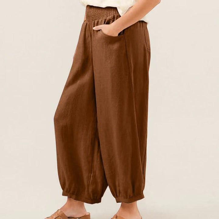Pantalones harén para mujer con bolsillos y diseño de Buddha Stones en color liso - image 7