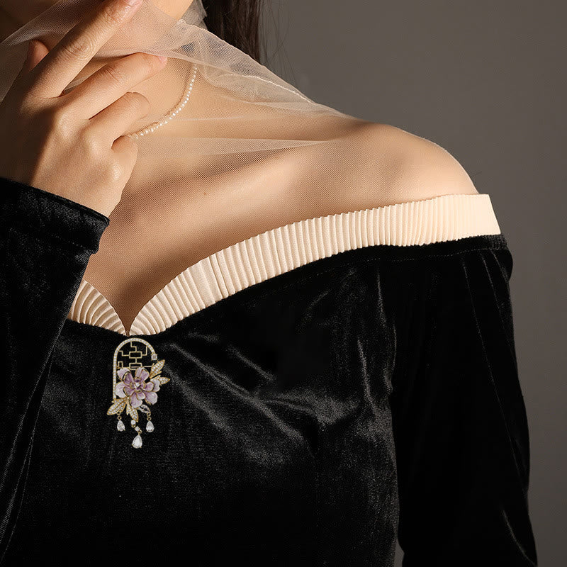 Buddha Stones Broche de cobre con borlas de peonías moradas y ventana de estilo chino - image 3
