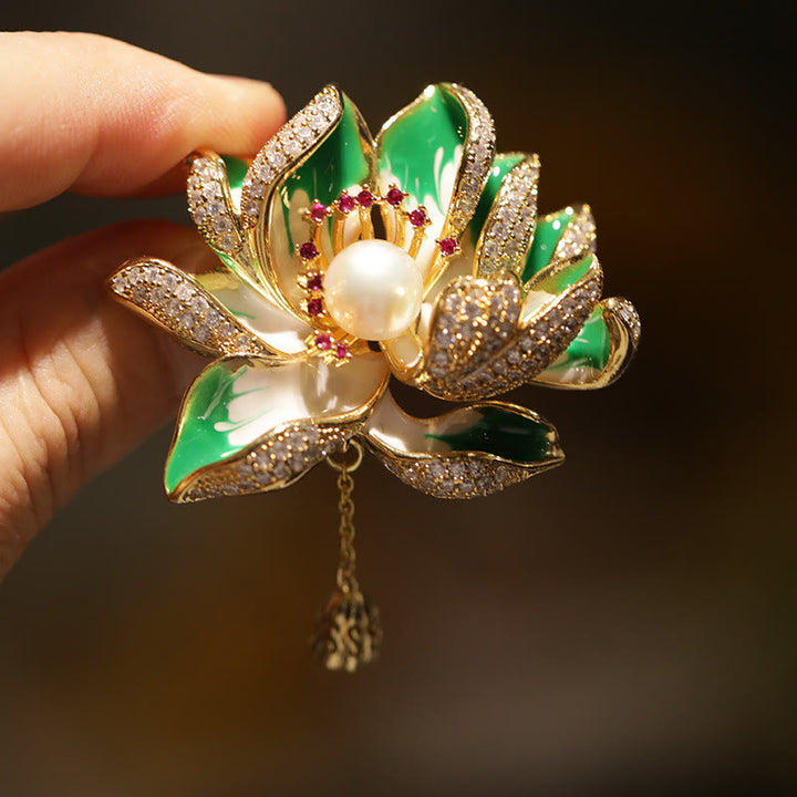 Buddha Stones Broche de cobre con perla y flor de loto para un nuevo comienzo - image 1