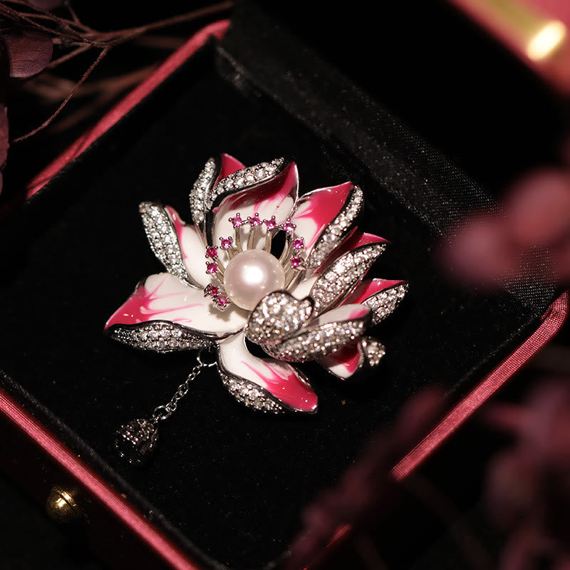 Buddha Stones Broche de cobre con perla y flor de loto para un nuevo comienzo - Rosa roja - image 2