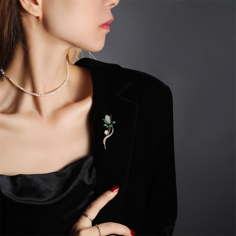 Buddha Stones Broche de cobre con optimismo y perla de flor de magnolia - image 3