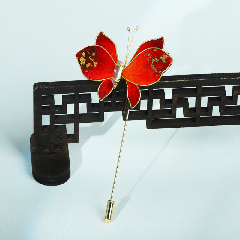 Buddha Stones Broche de mariposa roja con flor de terciopelo de seda hecho a mano - image 3