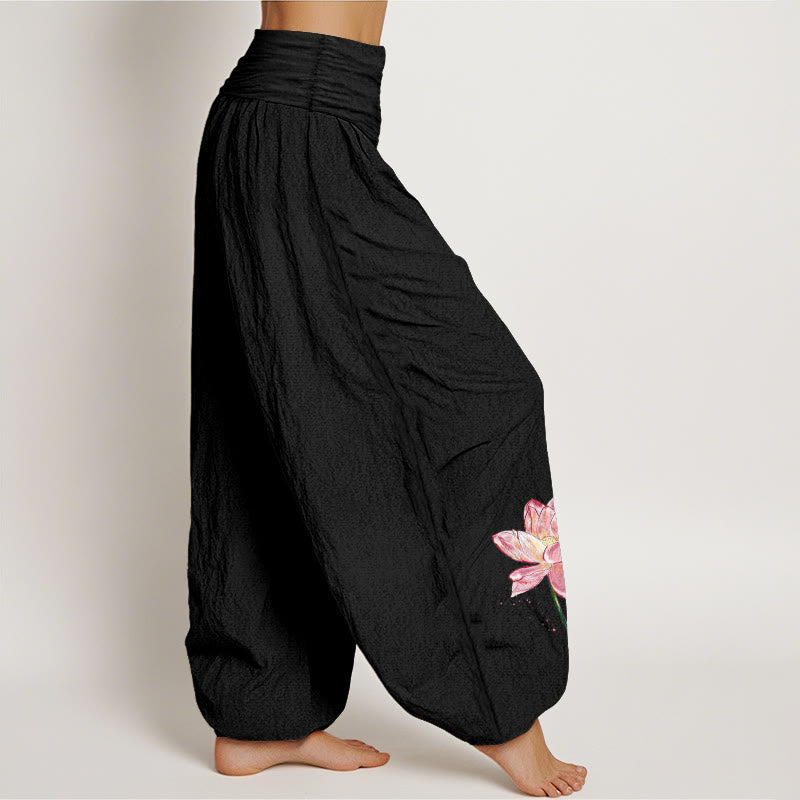 Buddha Stones Pantalones harén de algodón con estampado de flor de loto y sol para mujer, cintura elástica - image 1