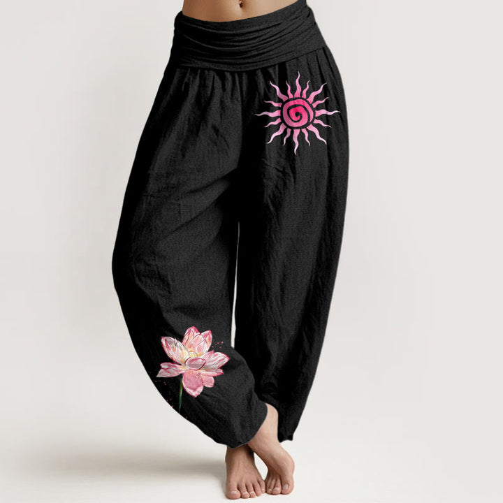 Buddha Stones Pantalones harén de algodón con estampado de flor de loto y sol para mujer, cintura elástica - Negro - US16，UK/AU20，EU48 (3XL) - image 0