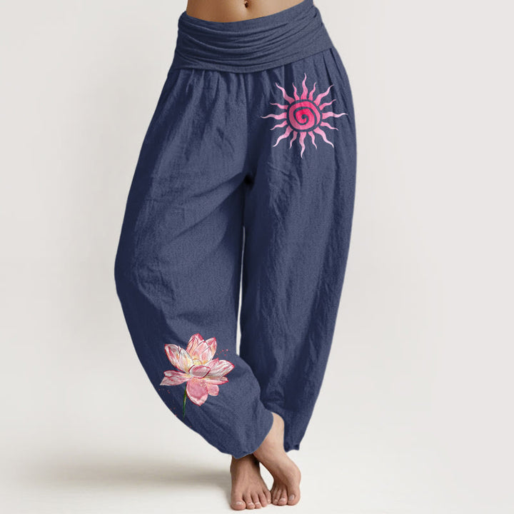 Buddha Stones Pantalones harén de algodón con estampado de flor de loto y sol para mujer, cintura elástica - Azul pizarra oscuro - US16，UK/AU20，EU48 (3XL) - image 5