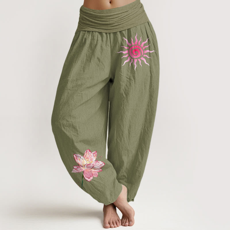 Buddha Stones Pantalones harén de algodón con estampado de flor de loto y sol para mujer, cintura elástica - Verde oliva - US16，UK/AU20，EU48 (3XL) - image 14
