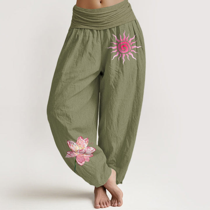 Buddha Stones Pantalones harén de algodón con estampado de flor de loto y sol para mujer, cintura elástica - Verde oliva - US16，UK/AU20，EU48 (3XL) - image 14