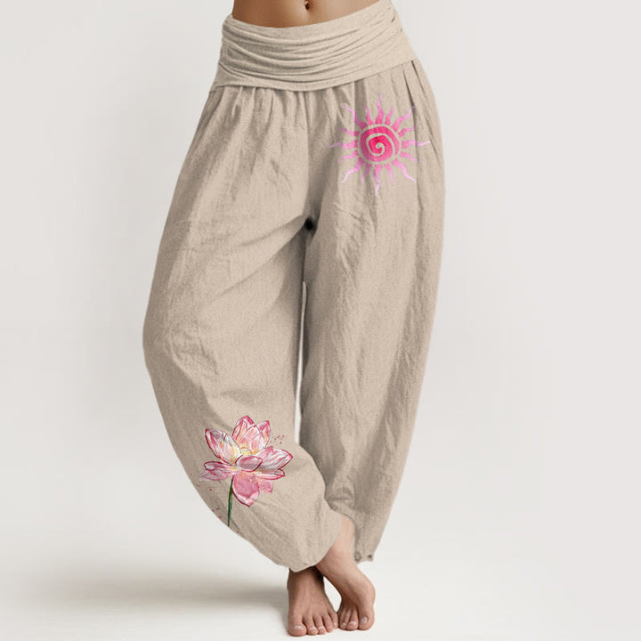 Buddha Stones Pantalones harén de algodón con estampado de flor de loto y sol para mujer, cintura elástica - Broncearse - US16，UK/AU20，EU48 (3XL) - image 11