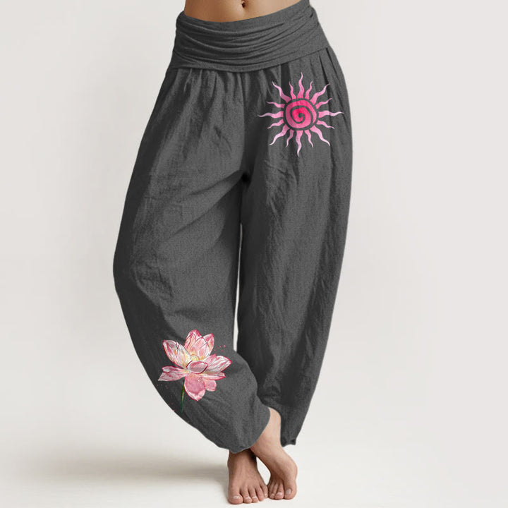 Buddha Stones Pantalones harén de algodón con estampado de flor de loto y sol para mujer, cintura elástica - Gris oscuro - US16，UK/AU20，EU48 (3XL) - image 8