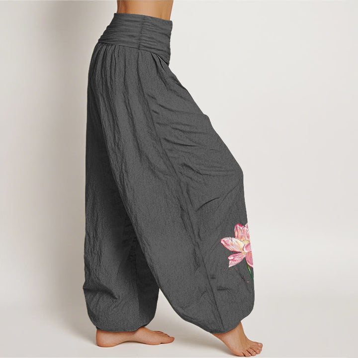 Buddha Stones Pantalones harén de algodón con estampado de flor de loto y sol para mujer, cintura elástica - image 9