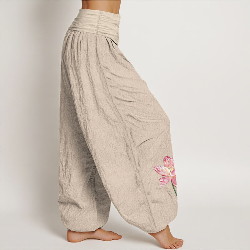 Buddha Stones Pantalones harén de algodón con estampado de flor de loto y sol para mujer, cintura elástica - image 12