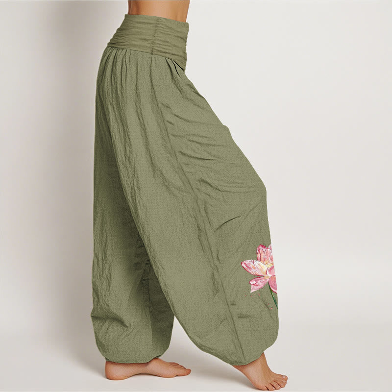 Buddha Stones Pantalones harén de algodón con estampado de flor de loto y sol para mujer, cintura elástica - image 15