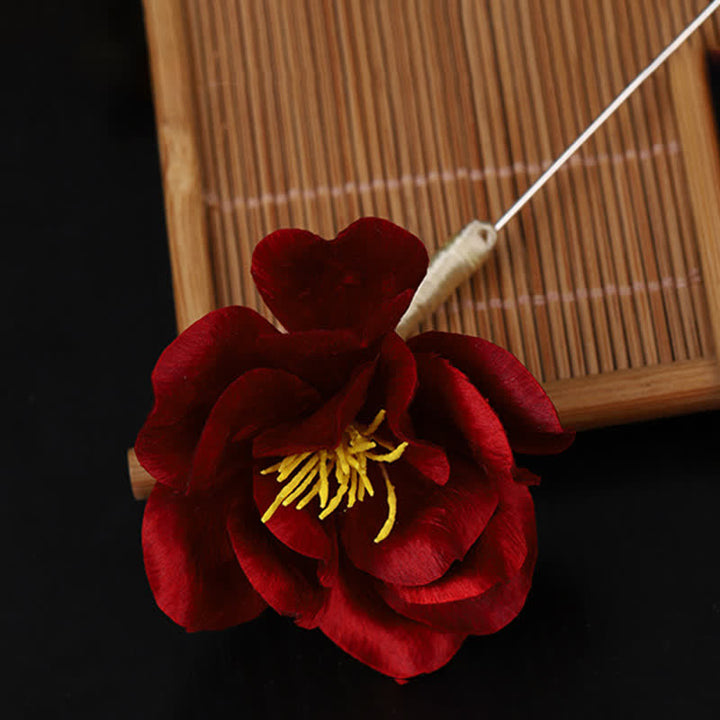 Buddha Stones Broche de camelia roja con la bendición de la sinceridad, hecho a mano en seda, patrimonio cultural - image 9