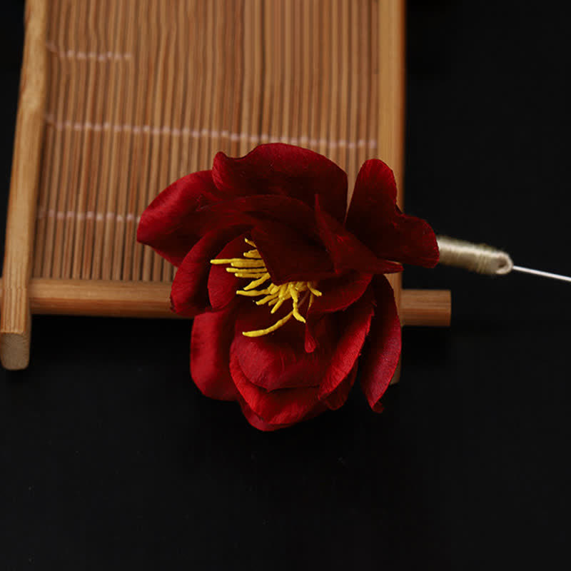 Buddha Stones Broche de camelia roja con la bendición de la sinceridad, hecho a mano en seda, patrimonio cultural - image 8