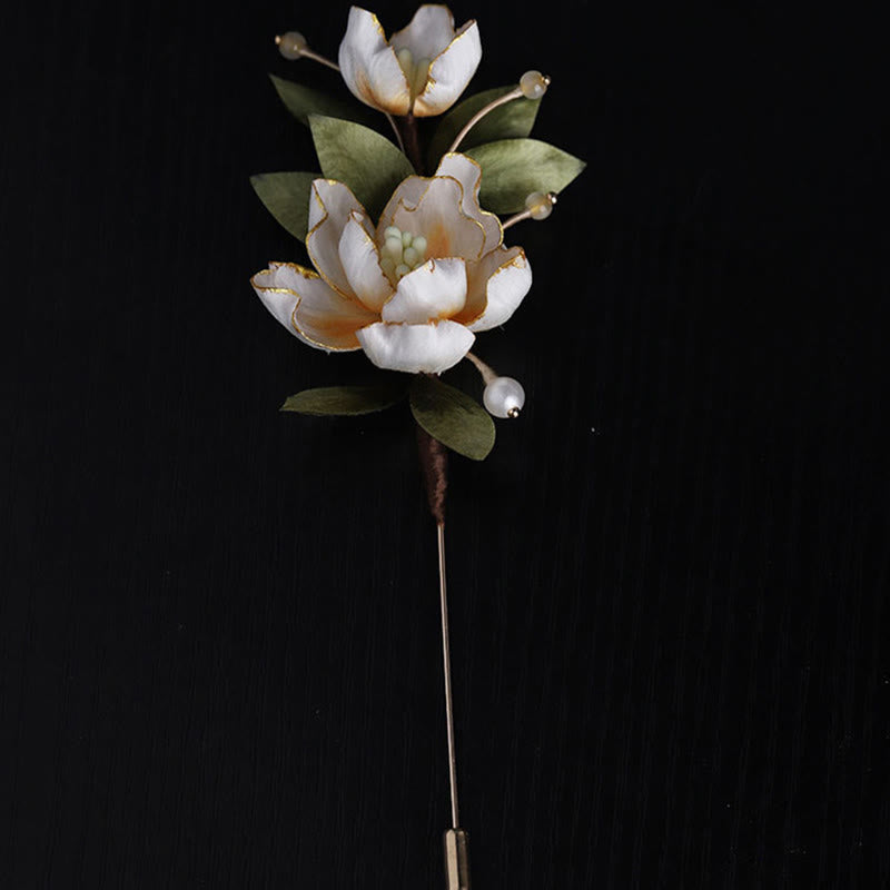 Buddha Stones Broche de la buena suerte con flor de peonía dorada hecha a mano en seda - image 4