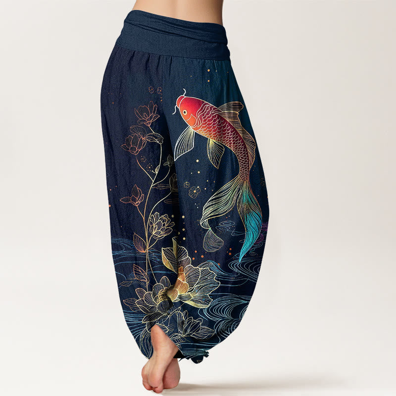 Buddha Stones Pantalones harén de algodón puro con cintura elástica para mujer con estampado de pez loto - image 1