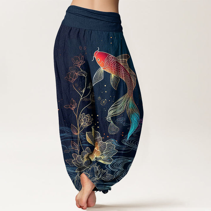 Buddha Stones Pantalones harén de algodón puro con cintura elástica para mujer con estampado de pez loto - image 1