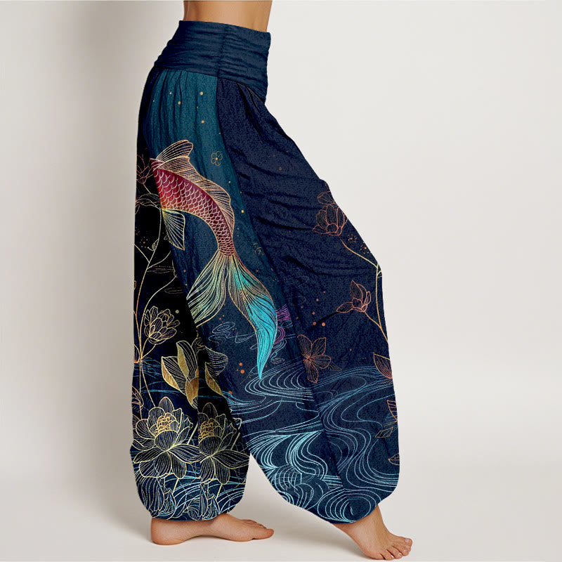 Buddha Stones Pantalones harén de algodón puro con cintura elástica para mujer con estampado de pez loto - image 2