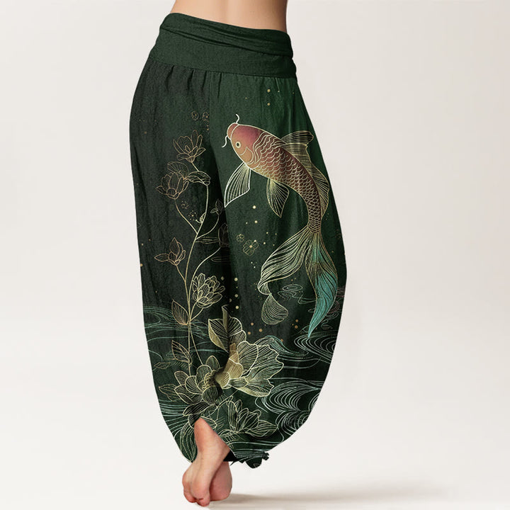 Buddha Stones Pantalones harén de algodón puro con cintura elástica para mujer con estampado de pez loto - image 6