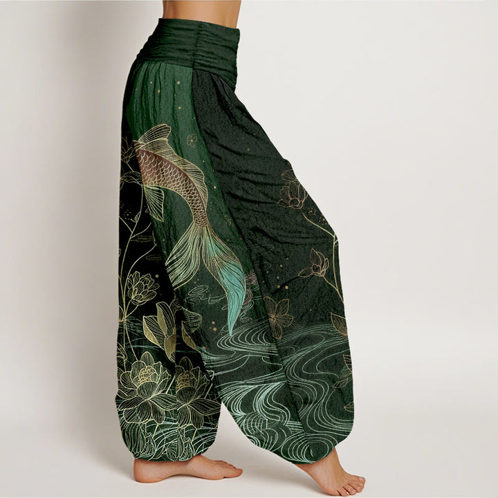 Buddha Stones Pantalones harén de algodón puro con cintura elástica para mujer con estampado de pez loto - image 7