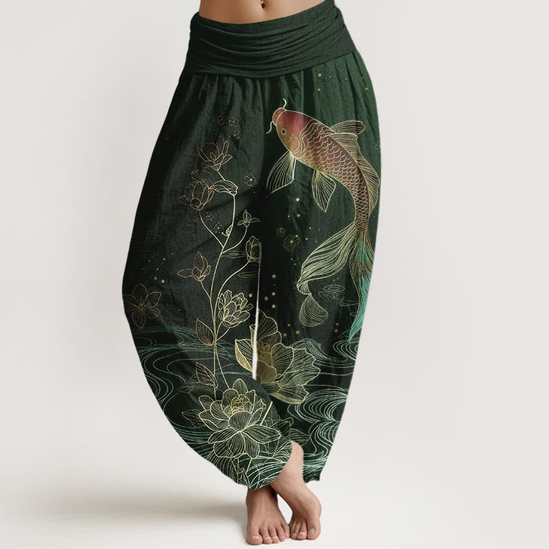 Buddha Stones Pantalones harén de algodón puro con cintura elástica para mujer con estampado de pez loto - Verde oscuro - US16，UK/AU20，EU48 (3XL) - image 8