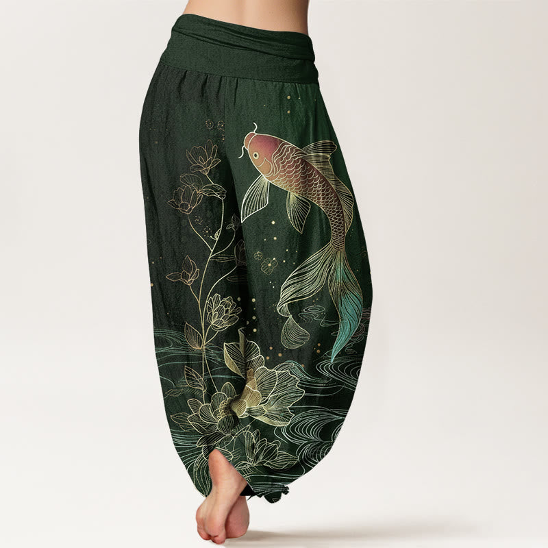 Buddha Stones Pantalones harén de algodón puro con cintura elástica para mujer con estampado de pez loto - image 9