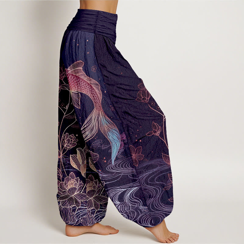Buddha Stones Pantalones harén de algodón puro con cintura elástica para mujer con estampado de pez loto - image 10