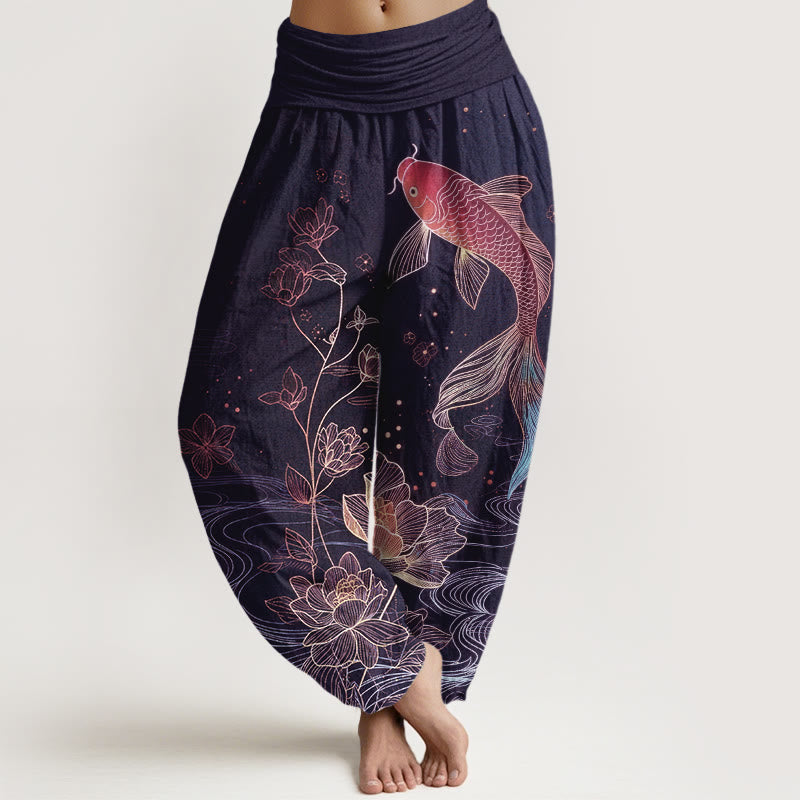 Buddha Stones Pantalones harén de algodón puro con cintura elástica para mujer con estampado de pez loto - Índigo - US16，UK/AU20，EU48 (3XL) - image 8