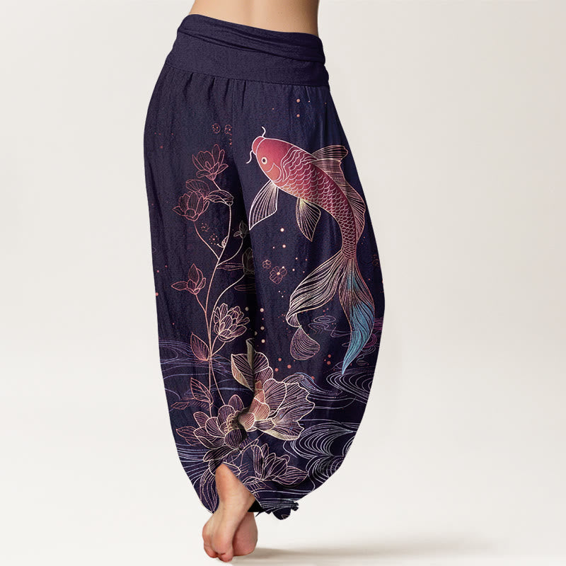 Buddha Stones Pantalones harén de algodón puro con cintura elástica para mujer con estampado de pez loto - image 9